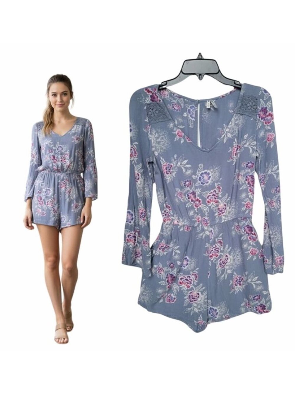 ⭐Mudd Women Floral Romper XS Gray Long Sleeve Elastic Cuff Knitted Lace Detail